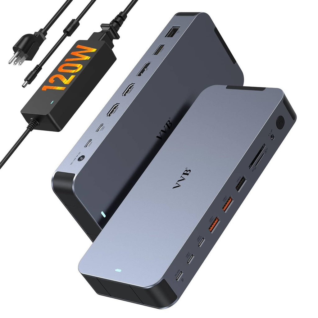 Space gray USB-C multiport docking station with front ports and connected cables