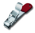 Stainless steel nail clipper with red handle and ergonomic grip