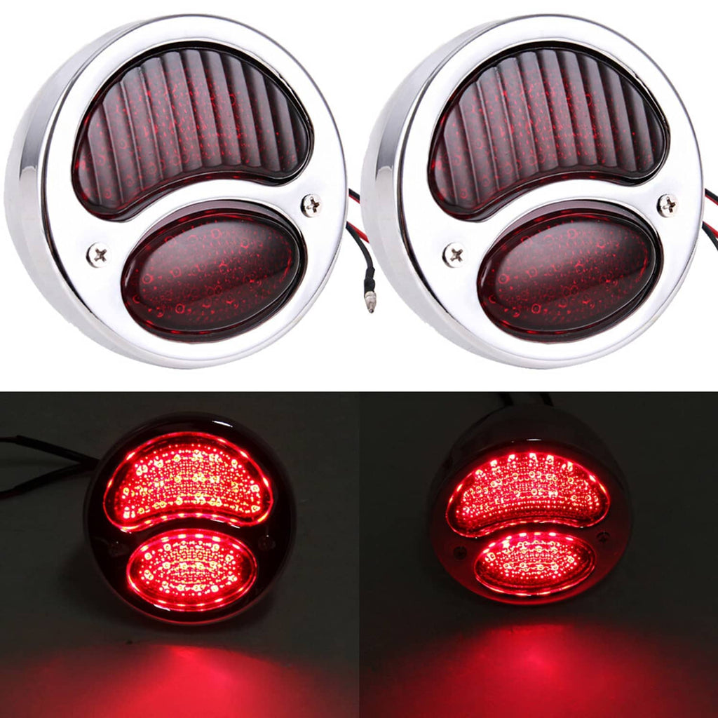 Pair of chrome LED street rod tail lights with red oval lenses, dual bulb design