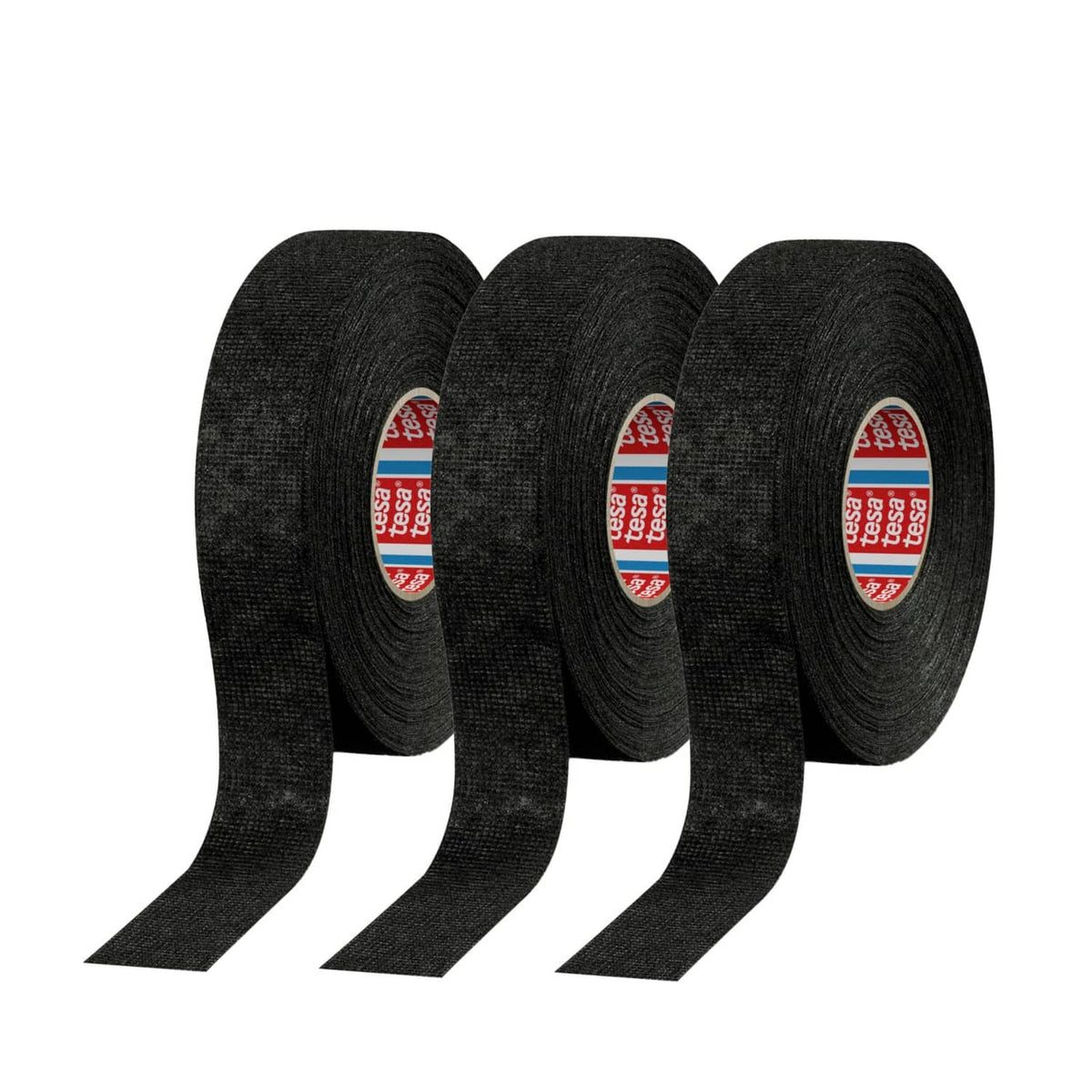 Black tesa PET noise-damping tape rolls with red-and-white core labels