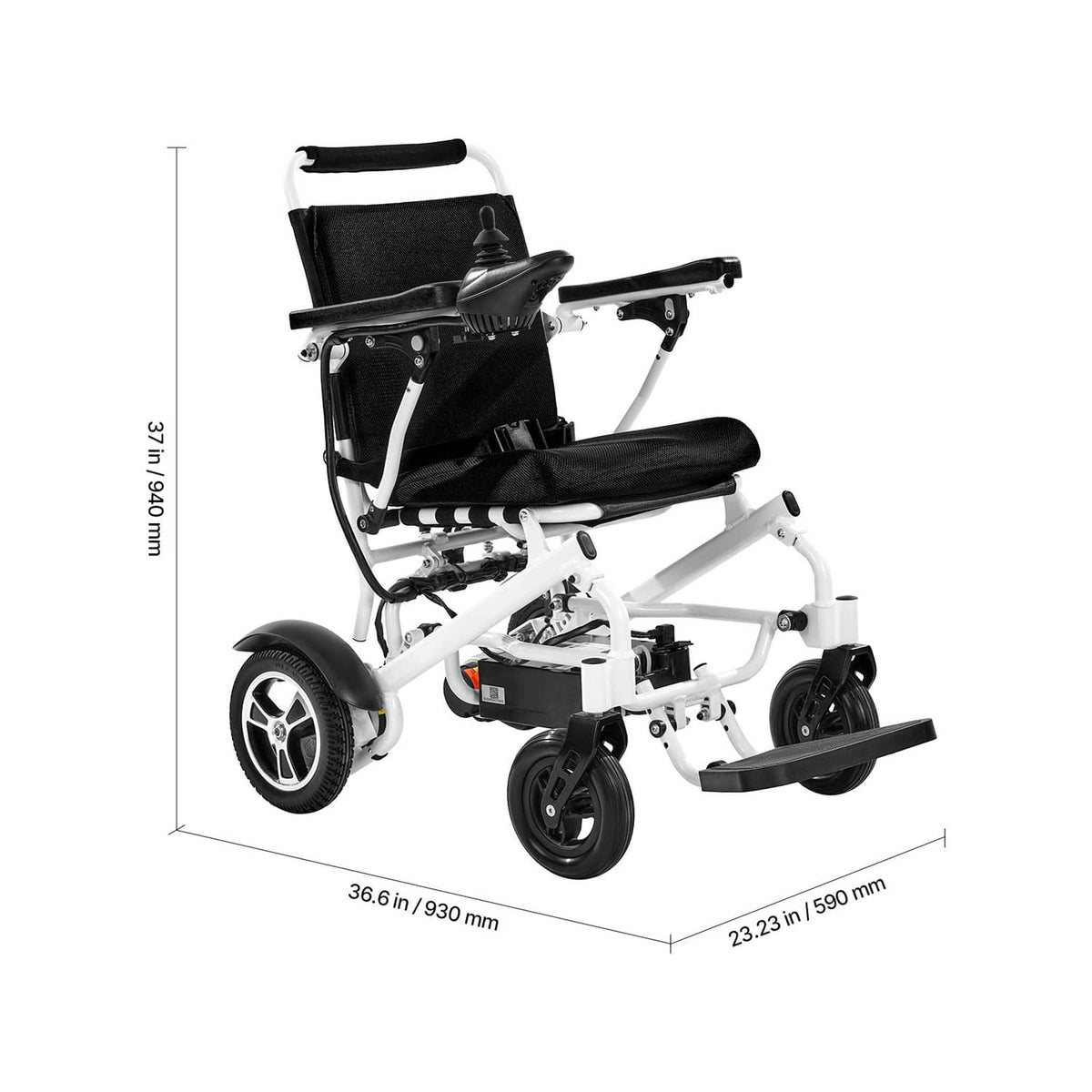 Electric wheelchair side profile with black cushion seat, white frame, armrests
