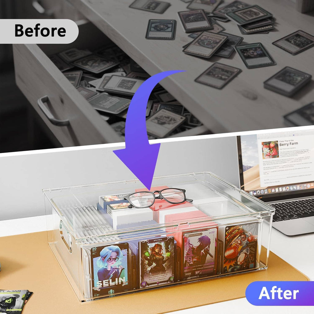 Clear trading card storage box open with assorted sleeved cards inside