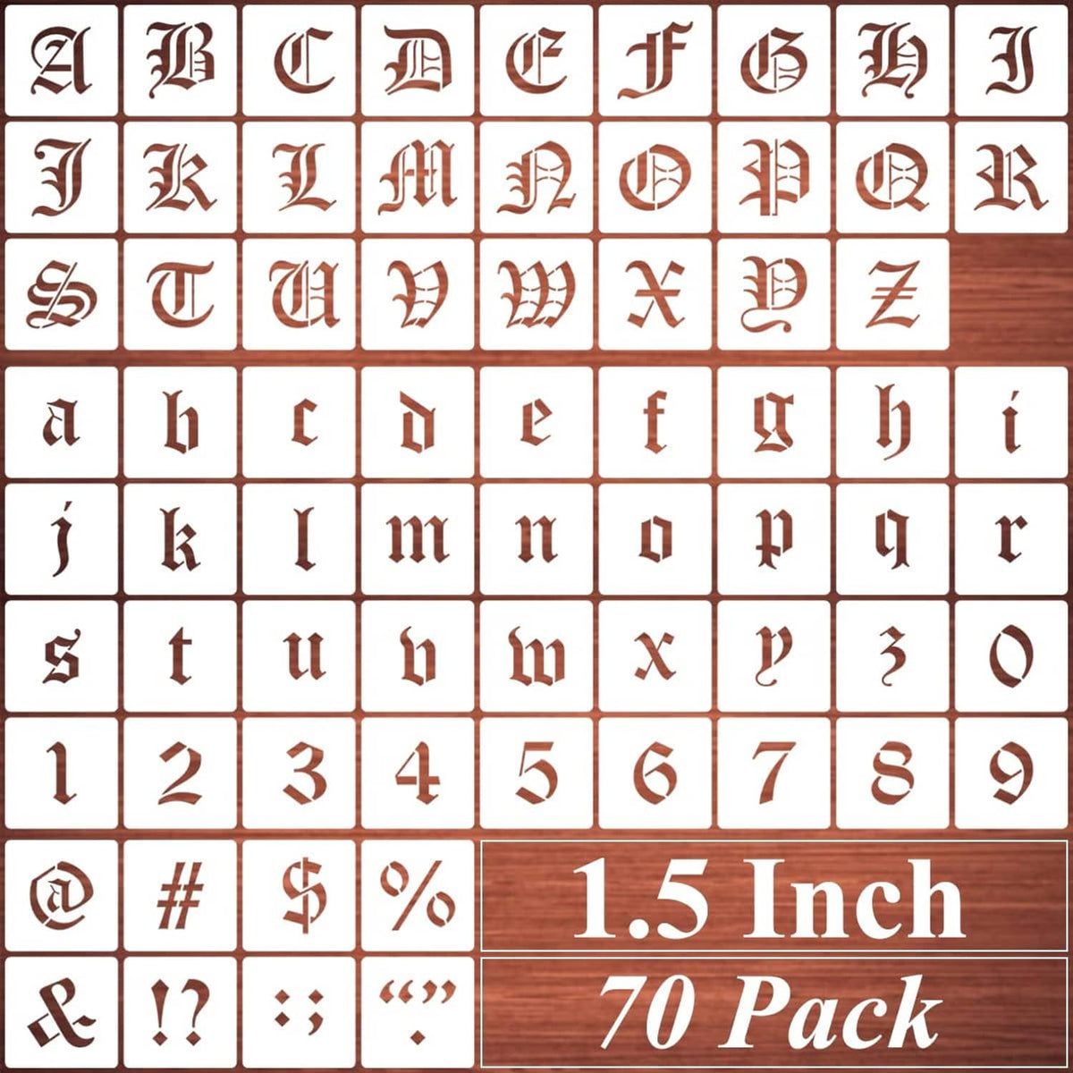 Old English stencil grid with letters, numerals, and symbols labeled 1.5 inch