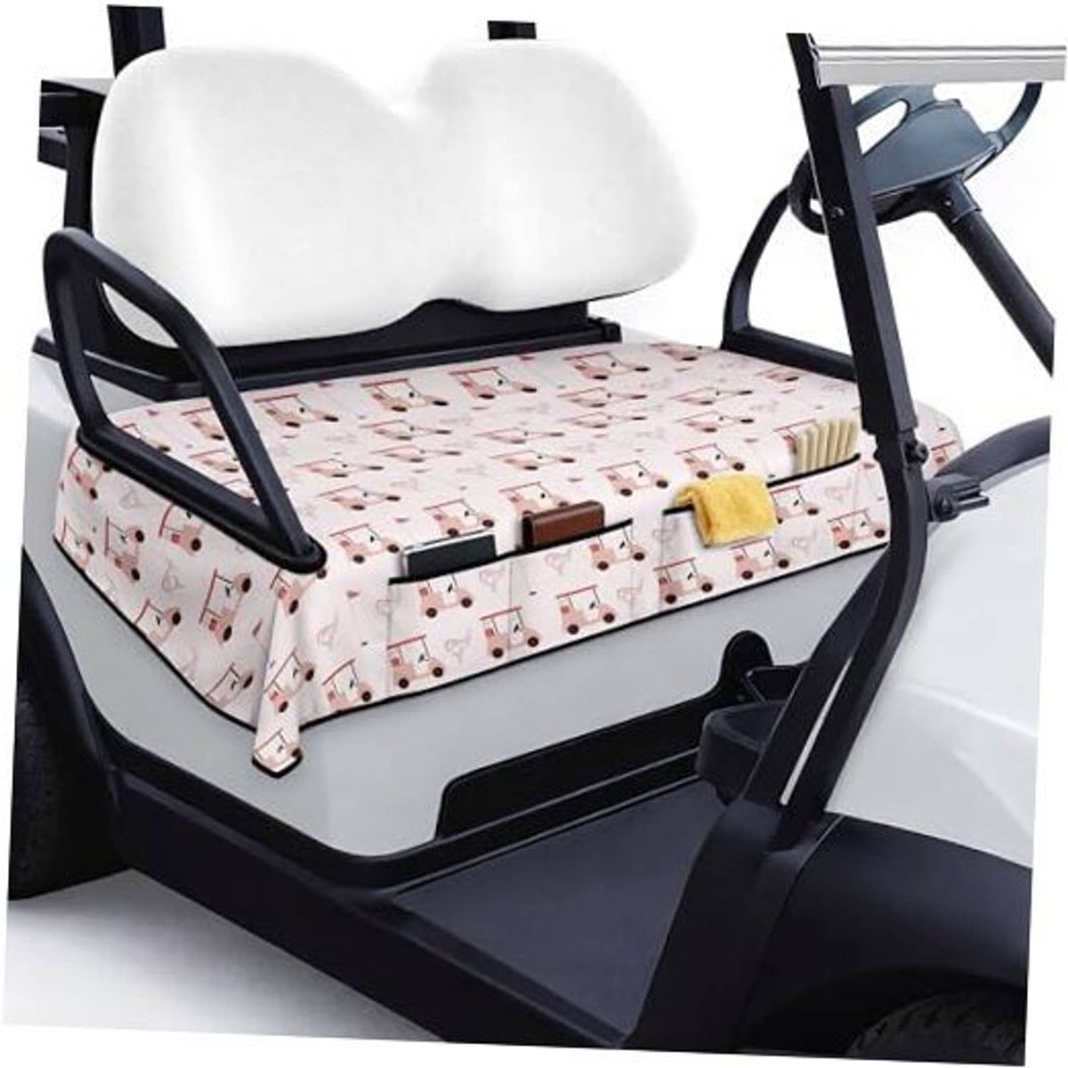 Pink patterned golf cart seat cover with repeating cart icons on the bench