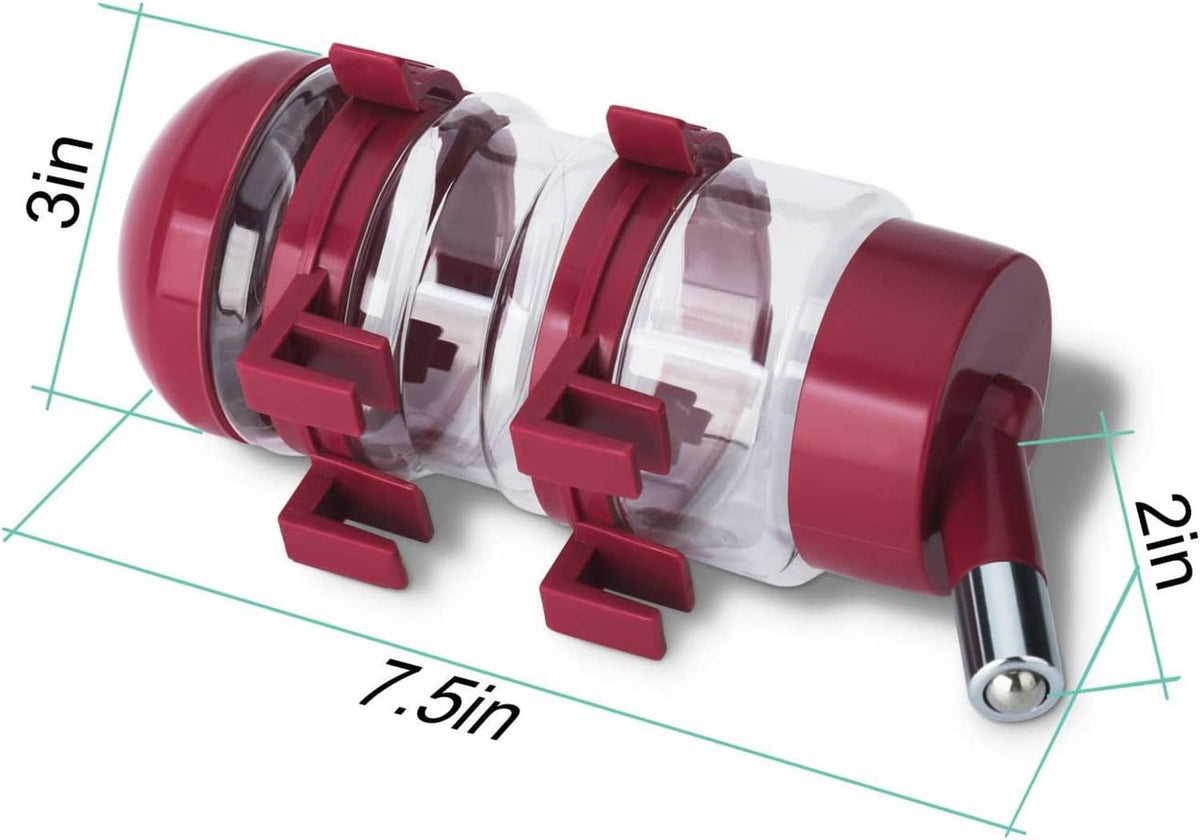 No-drip dog crate water bottle dispenser showing red clamp and nozzle