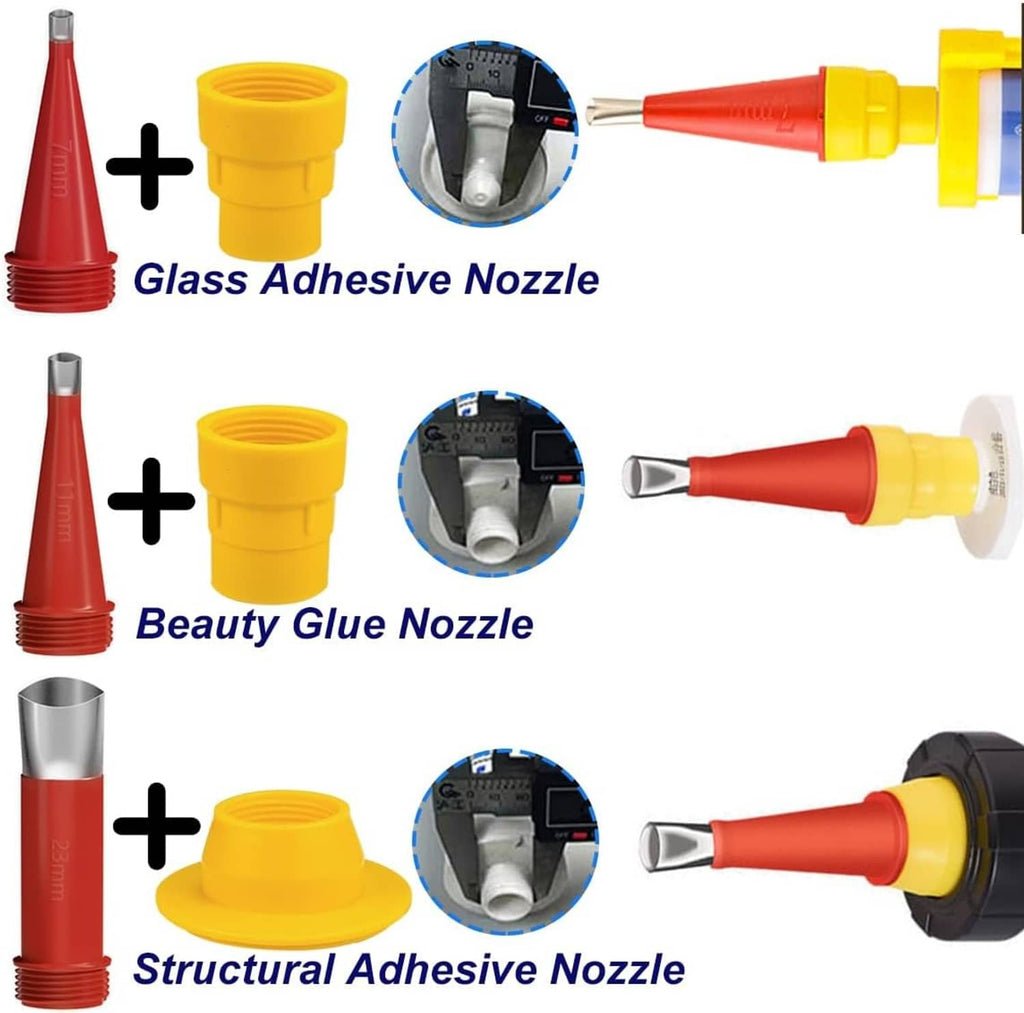Caulk nozzle finisher tips with yellow caps and red applicator nozzles for adhesives