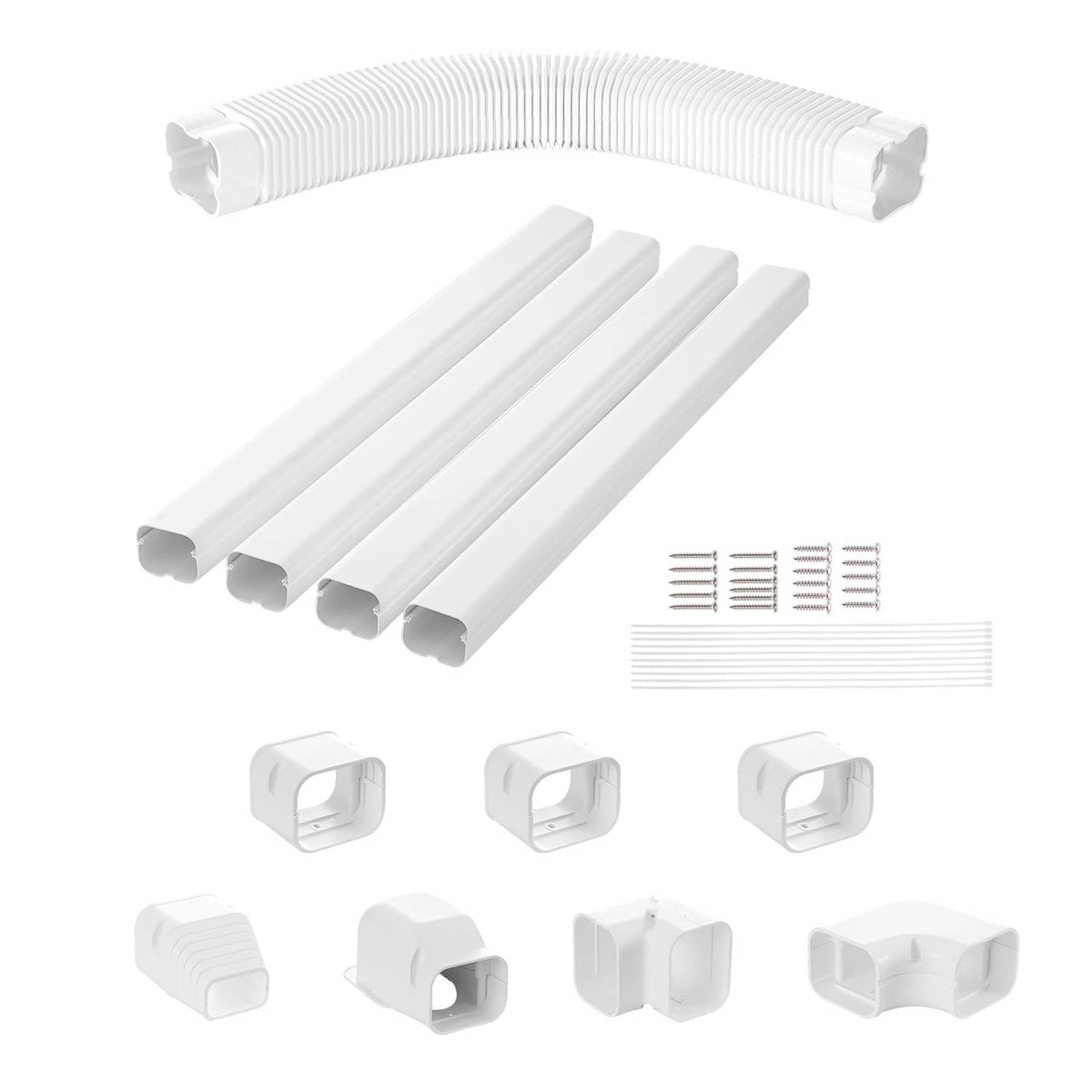 PVC line set cover kit with curved elbow cover, straight sleeves, and mounting hardware