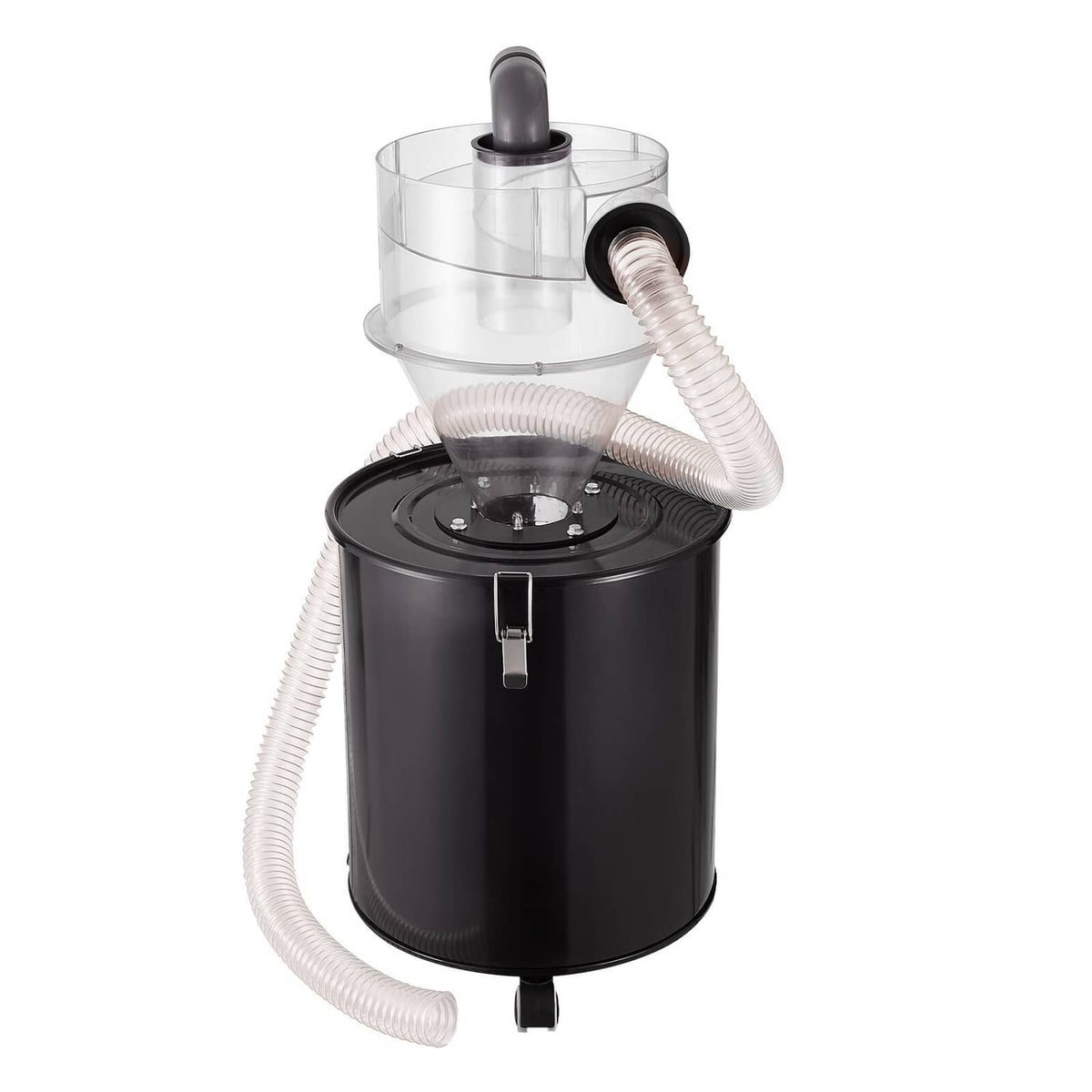 Cyclone dust separator unit with clear hopper, black drum tank, and curved vacuum hose