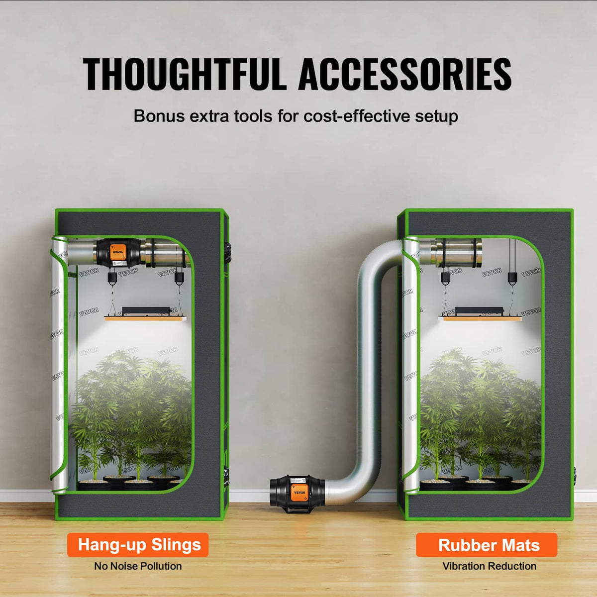 Inline duct fan kit with ducting and accessory setup featuring hang slings and mats