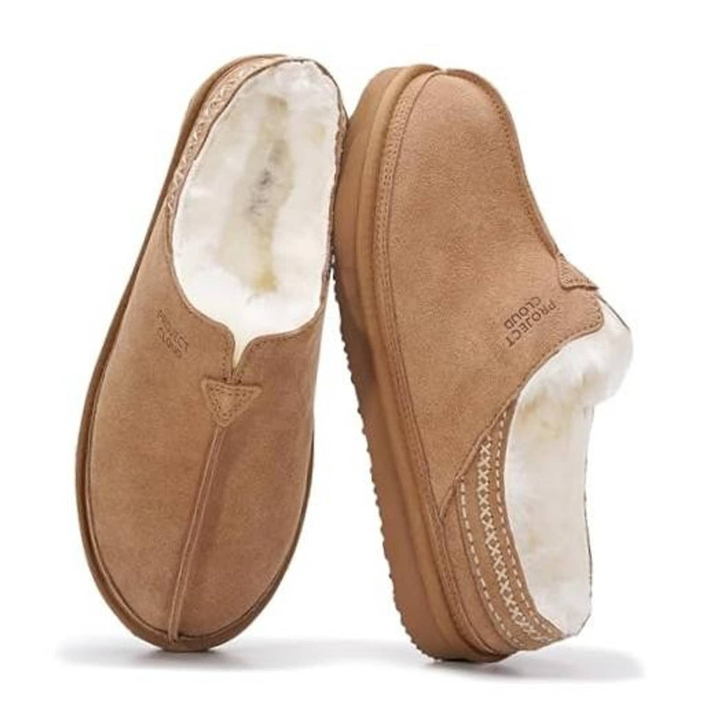 Men's chestnut suede leather shearling slippers with plush white lining, stitched seams
