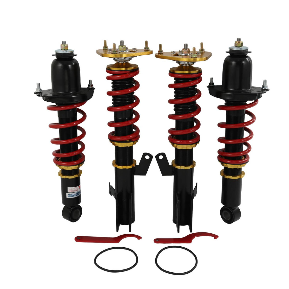 Adjustable coilover strut set: red springs, black dampers, gold tops, included seals