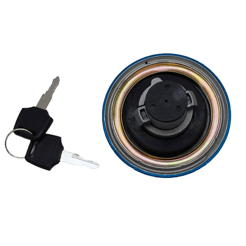 Fuel tank cap underside with lock cylinder, keys, and key blanks