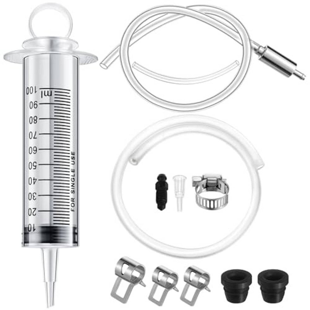 Hydraulic brake bleeding kit with 100ml syringe, clear hose, clamps, and exhaust caps