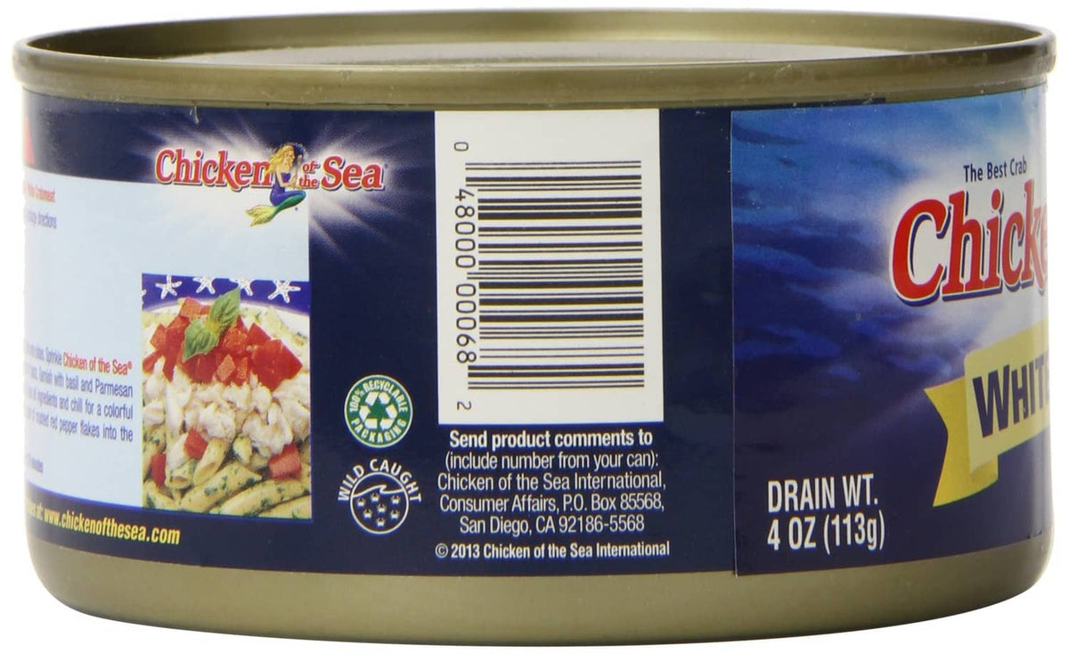 Chicken of the Sea white crabmeat can back label with barcode
