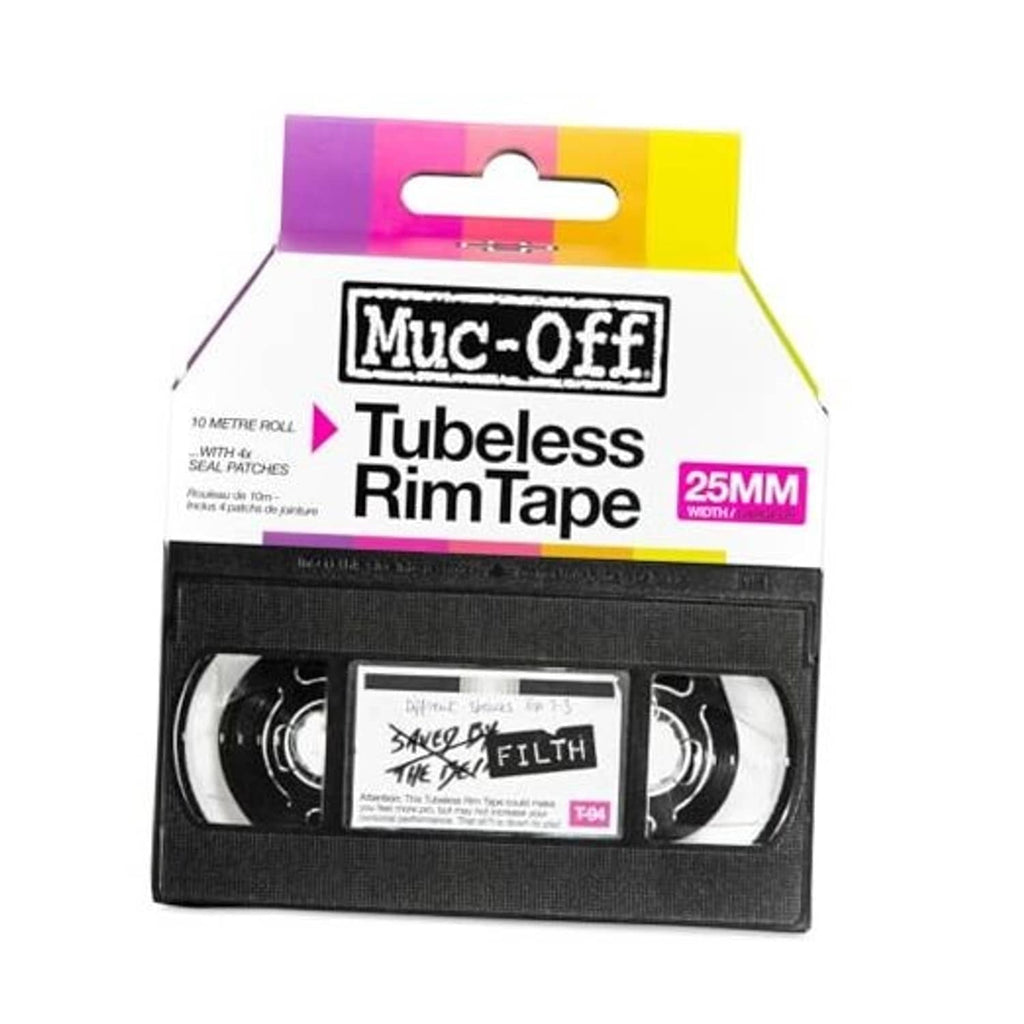 Tubeless rim tape package with 25mm roll and adhesive liner, black tape insert