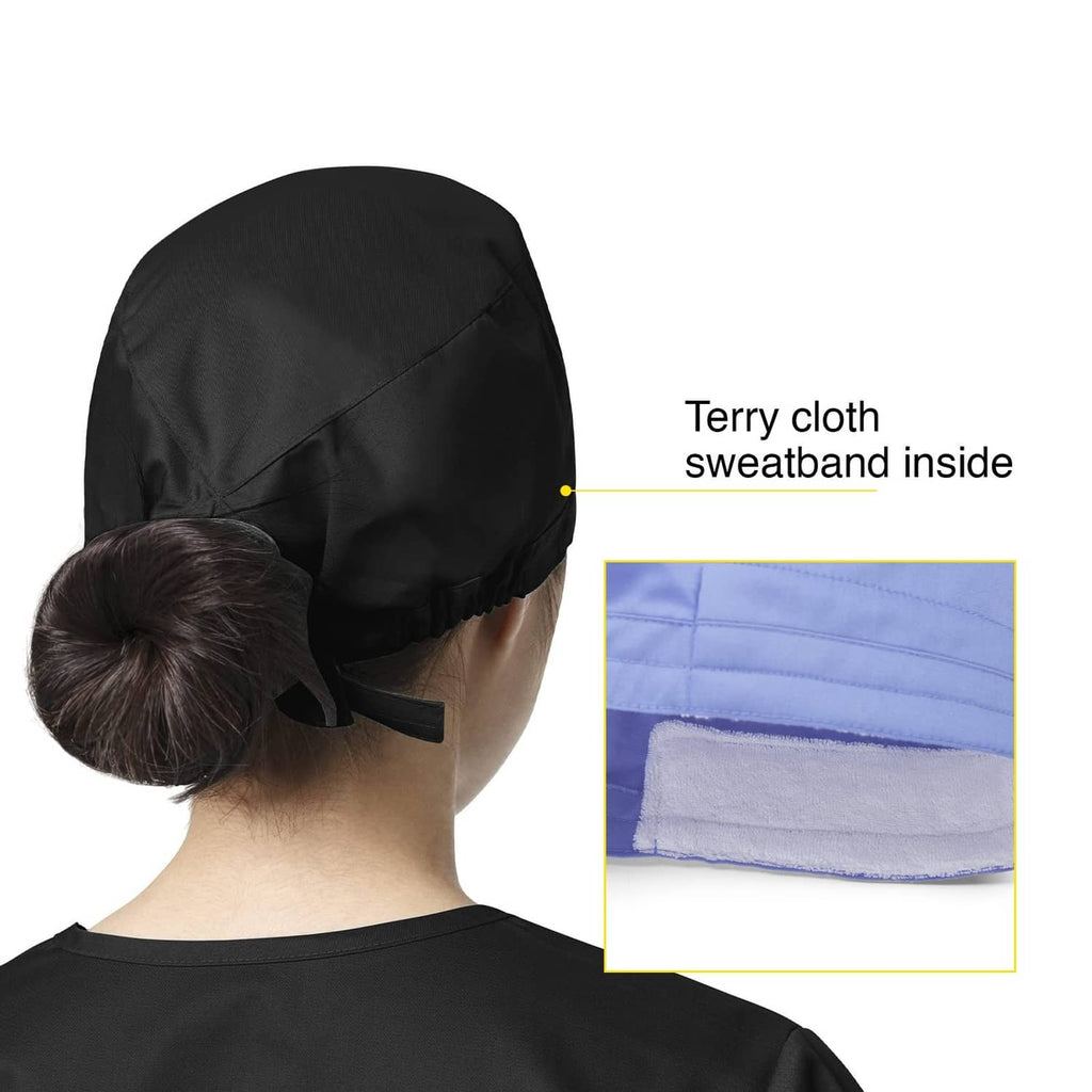 Black tie-back scrub cap with terry cloth sweatband, back view
