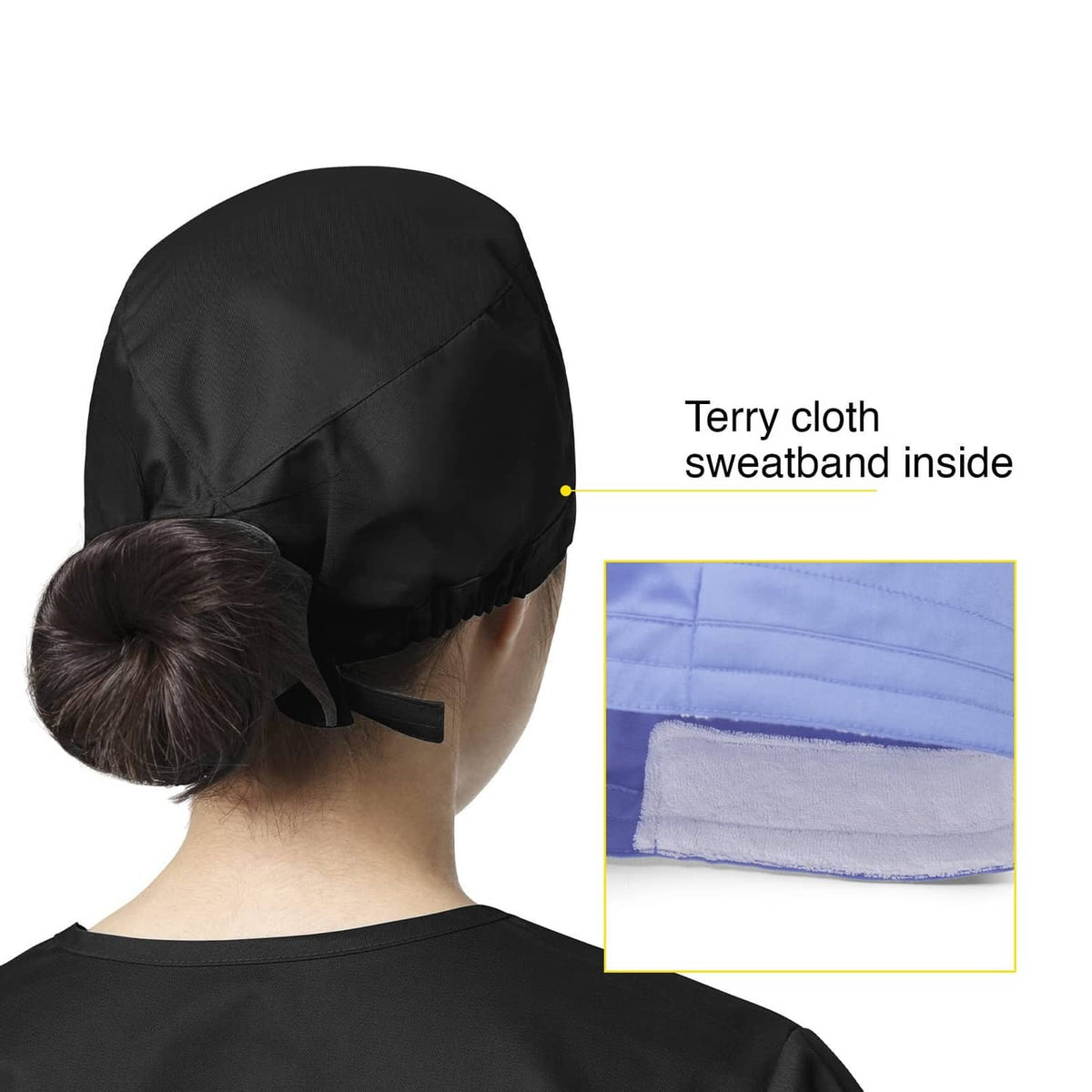 Black tie-back scrub cap with terry cloth sweatband, back view