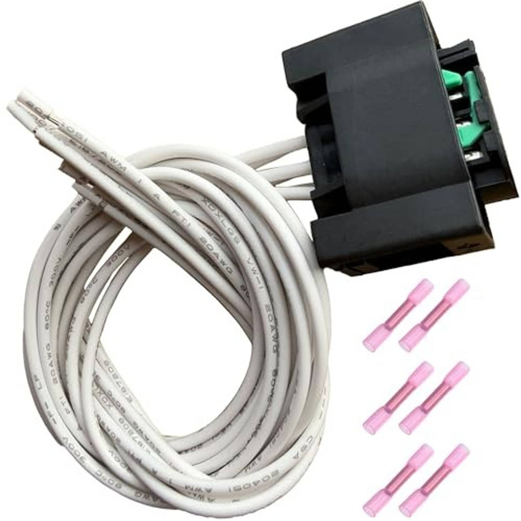 Sensor wiring harness kit with white wire leads, black plug, green inserts, and pink seals