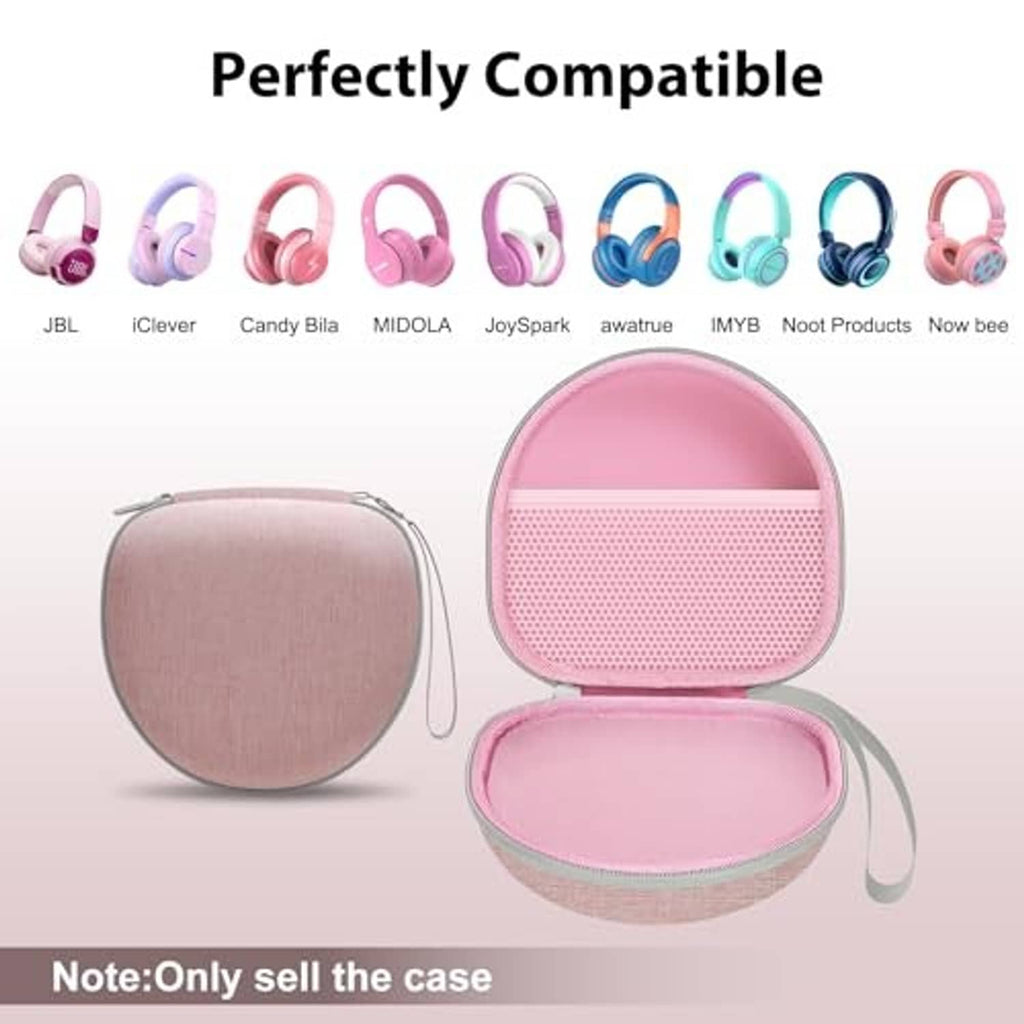 Pink half-sphere kids headphone case, open lid with mesh-style interior pocket.