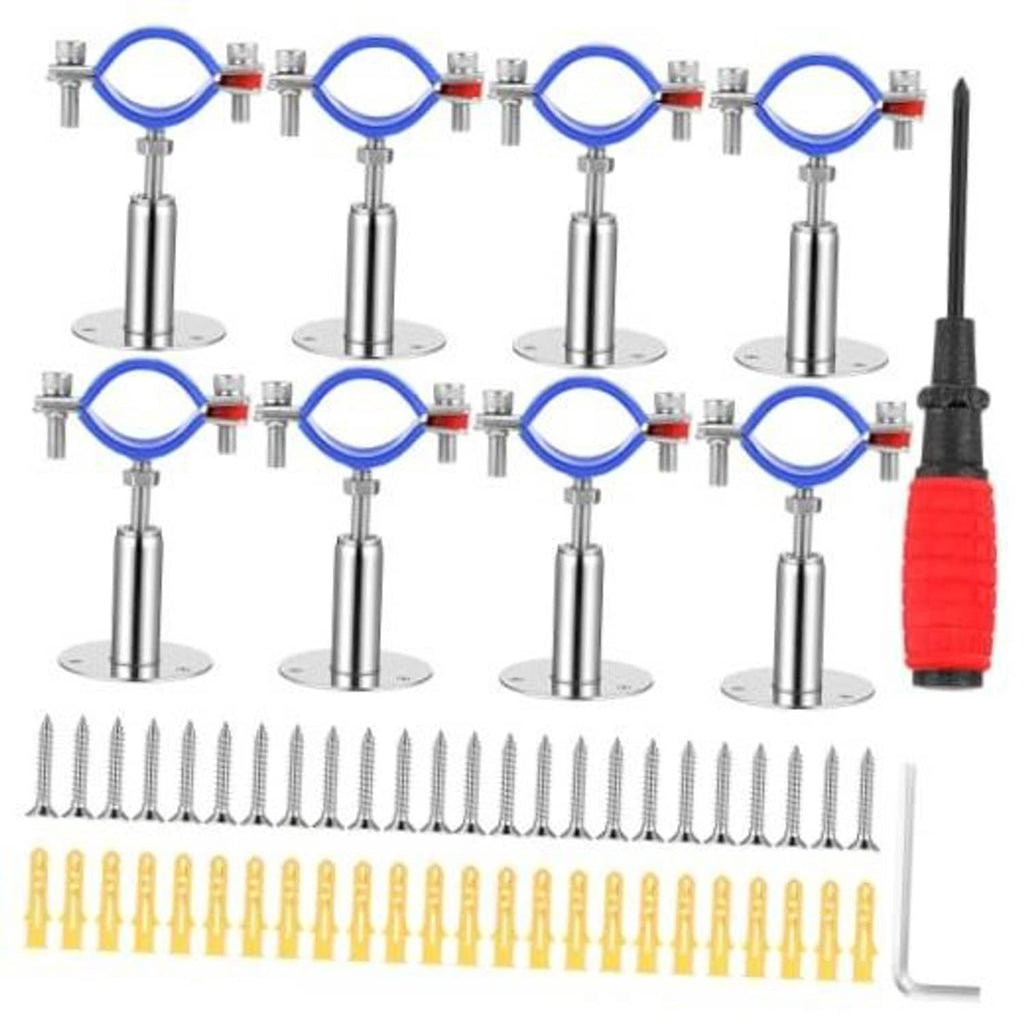 Stainless steel wall-mount pipe supports with blue silicone U-bands and round bases