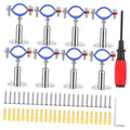Stainless steel wall-mount pipe supports with blue silicone U-bands and round bases