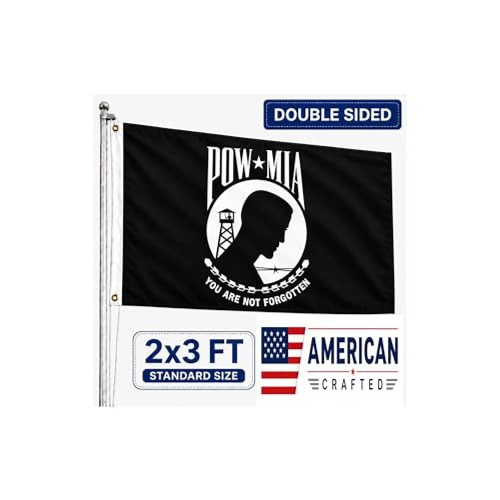 Outdoor double-sided POW-MIA flag (2x3 ft) on pole with black fabric and white emblem