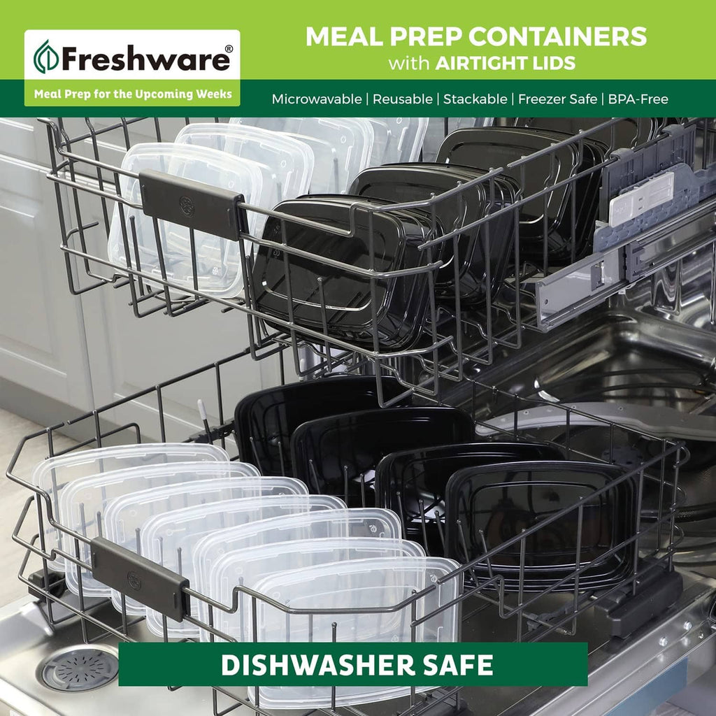 Black meal prep containers with airtight lids loaded in dishwasher rack