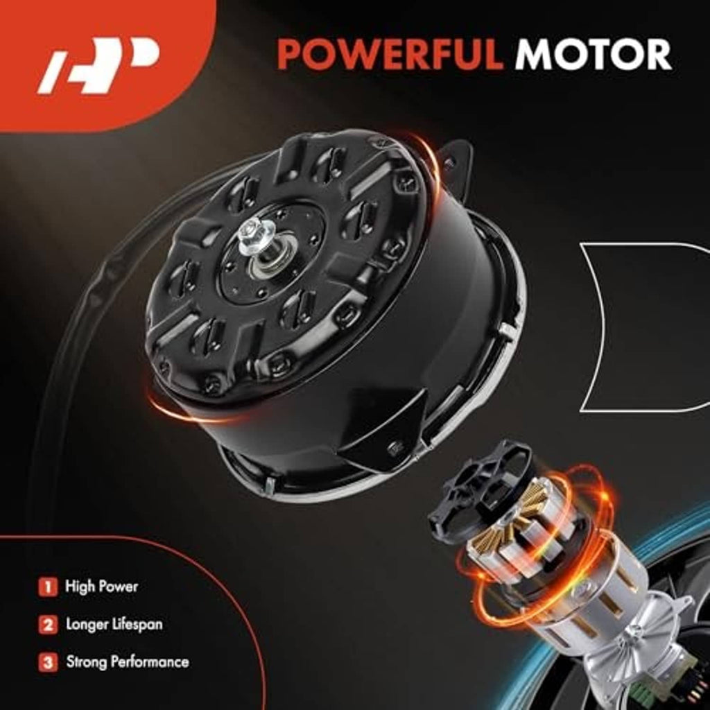 Black cooling fan motor with visible motor housing and wiring connection