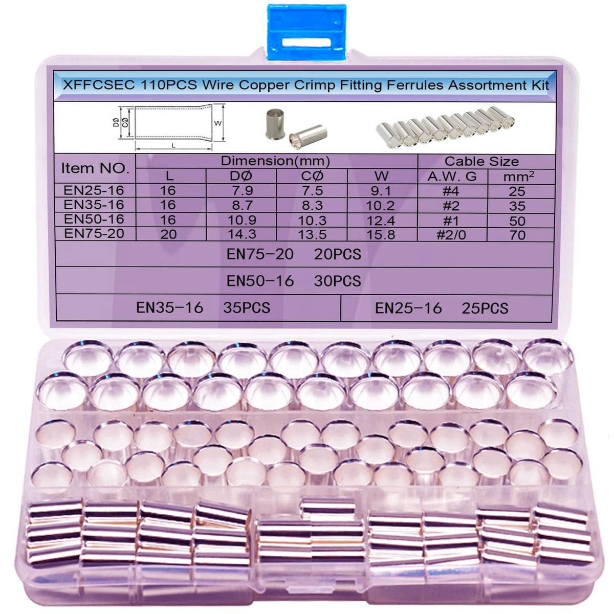 Xffcsec non-insulated copper wire crimp ferrules assortment kit in clear case