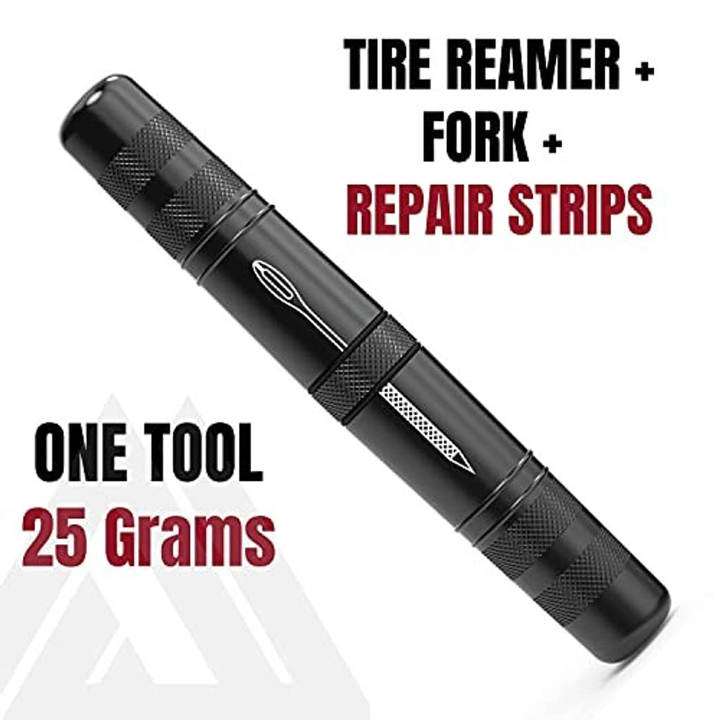 Black tubeless tire repair tool with textured grip and metal reamer tip