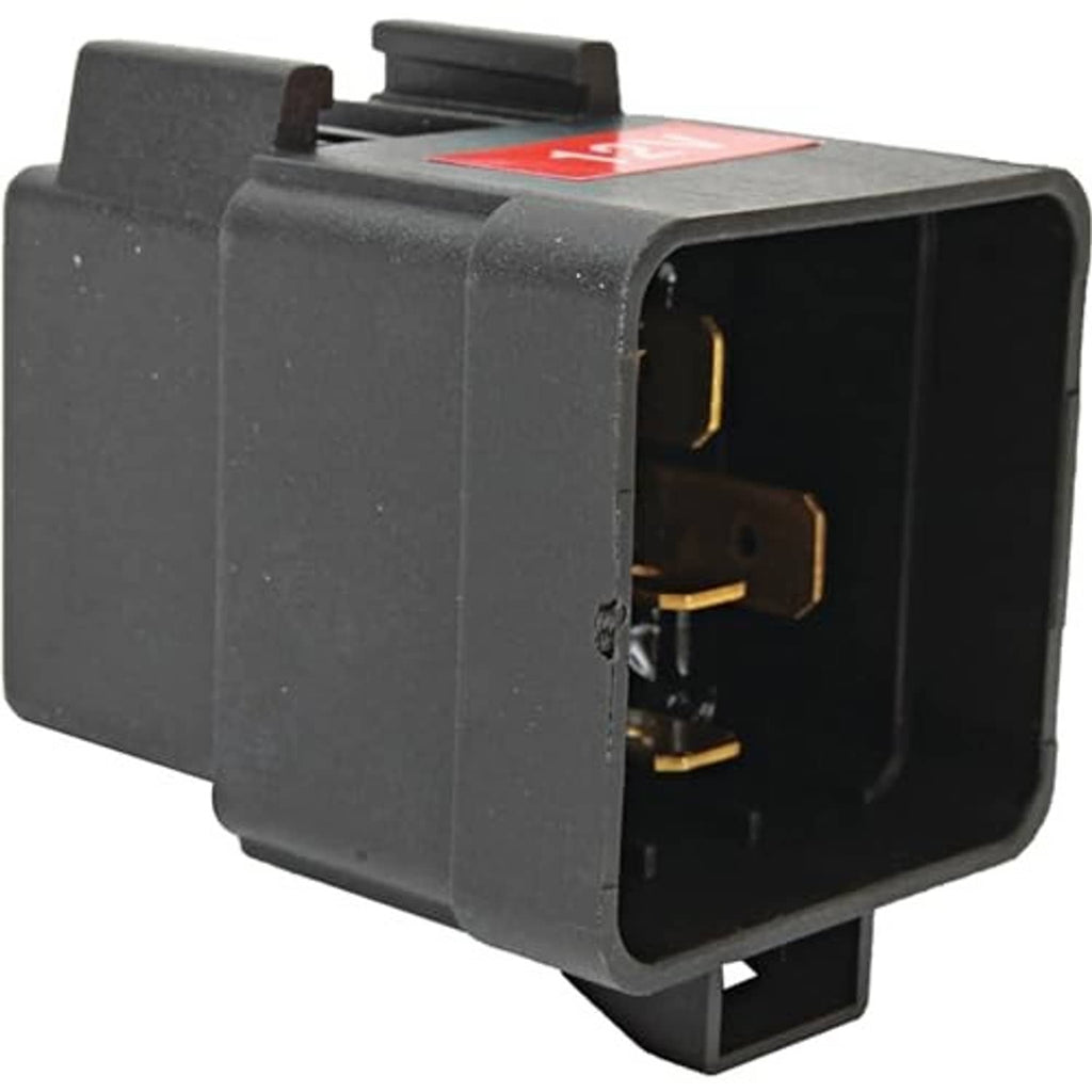 12V tilt trim relay side view, black housing with red label and two connector pins