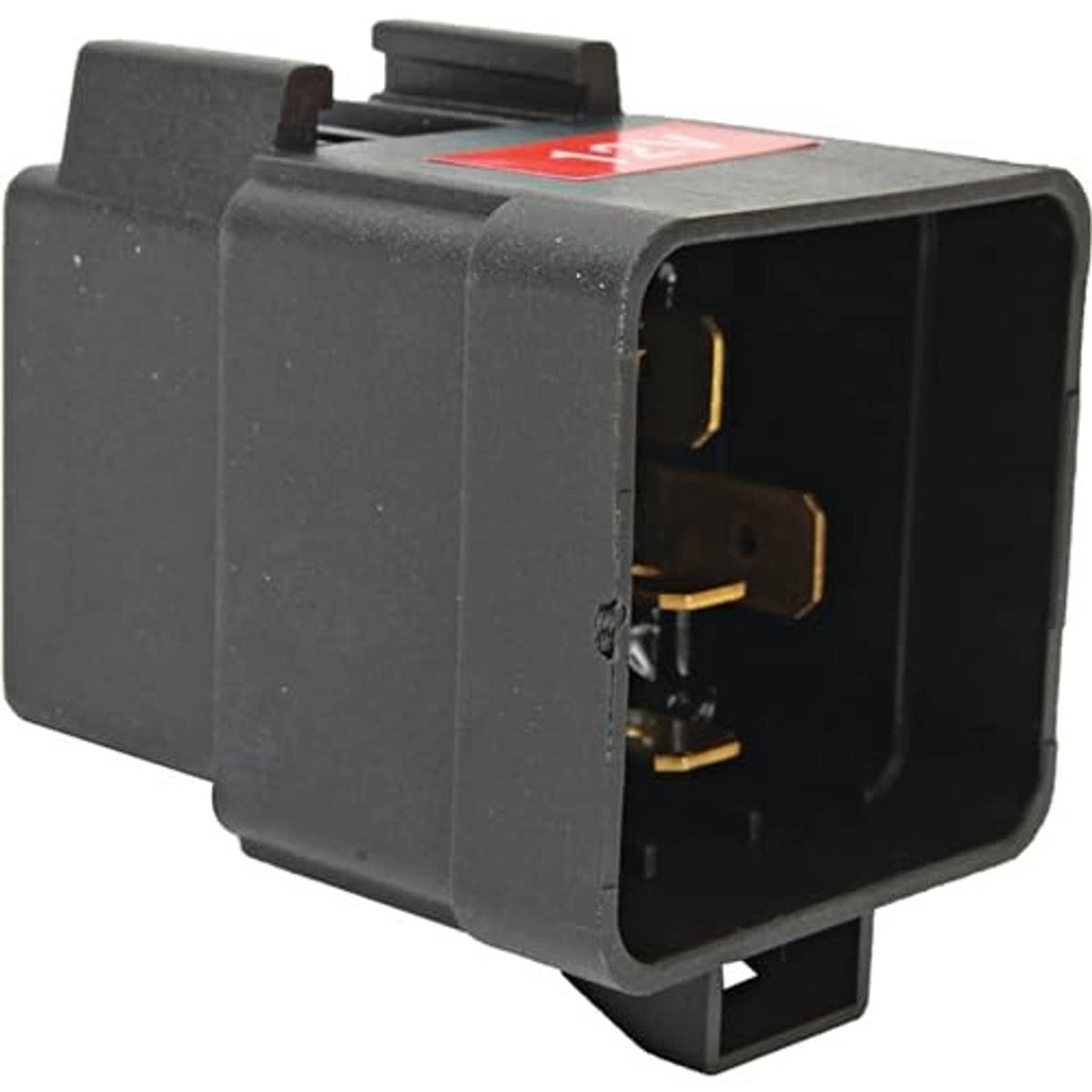 12V tilt trim relay side view, black housing with red label and two connector pins