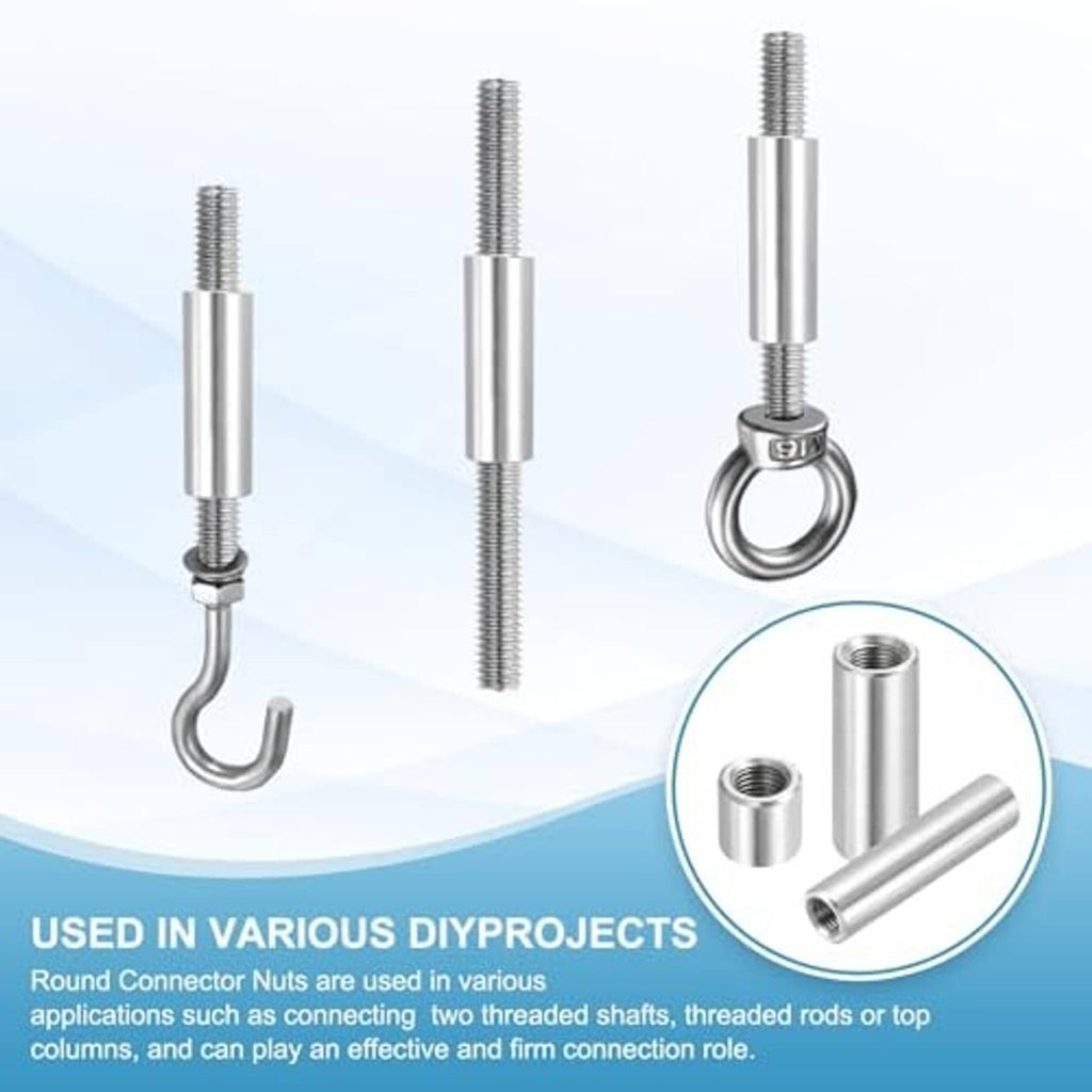 Stainless steel connector nuts on threaded rods, cylindrical sleeves with internal threads