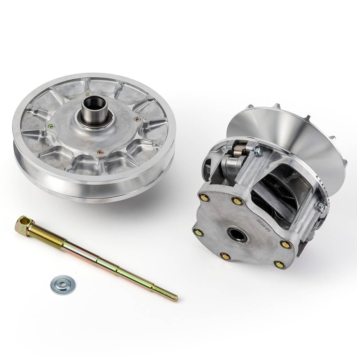 Clutch pulley pair with center shafts, plus puller rod and bolt, silver aluminum