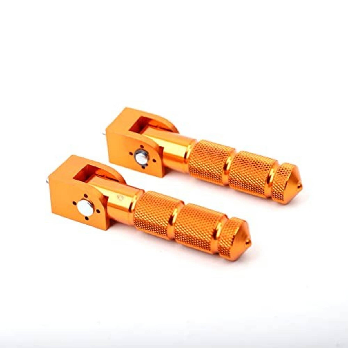 Pair of orange CNC folding motorcycle foot pegs with knurled grips and base plates