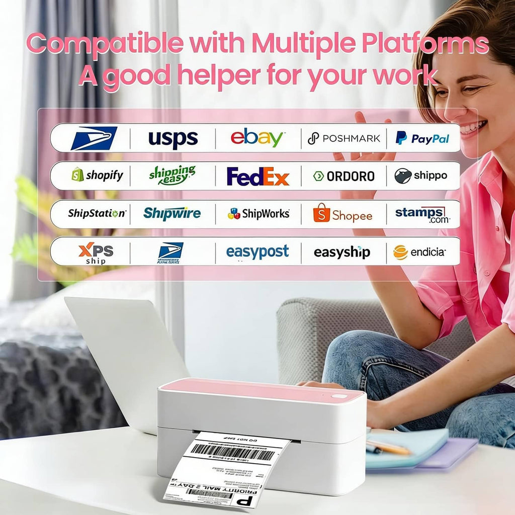Pink Bluetooth thermal label printer on desk with laptop and partner delivery icons