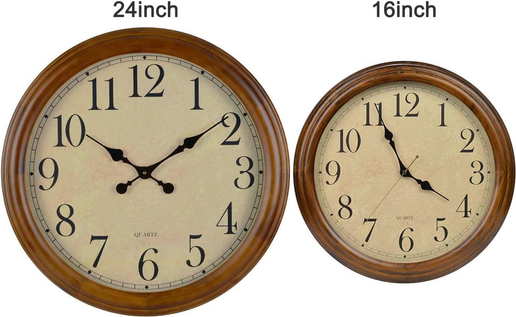 16-inch and 24-inch wood wall clocks with cream dials and large Arabic numerals