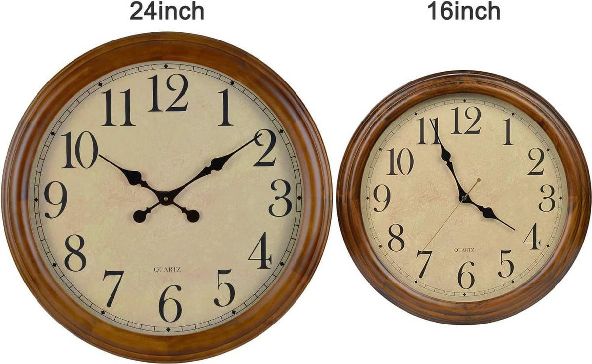 16-inch and 24-inch wood wall clocks with cream dials and large Arabic numerals