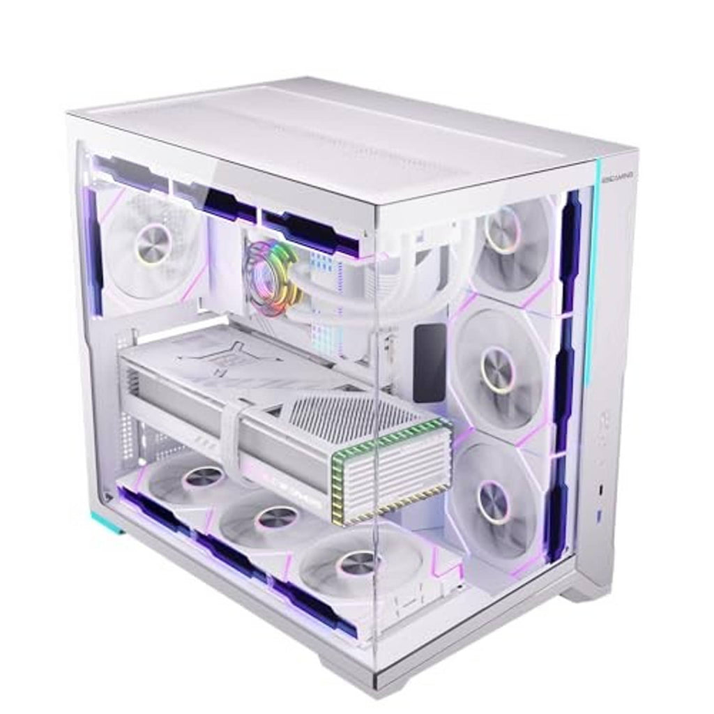 White mid-tower PC case with slanted top, tempered glass front, and multiple RGB fans