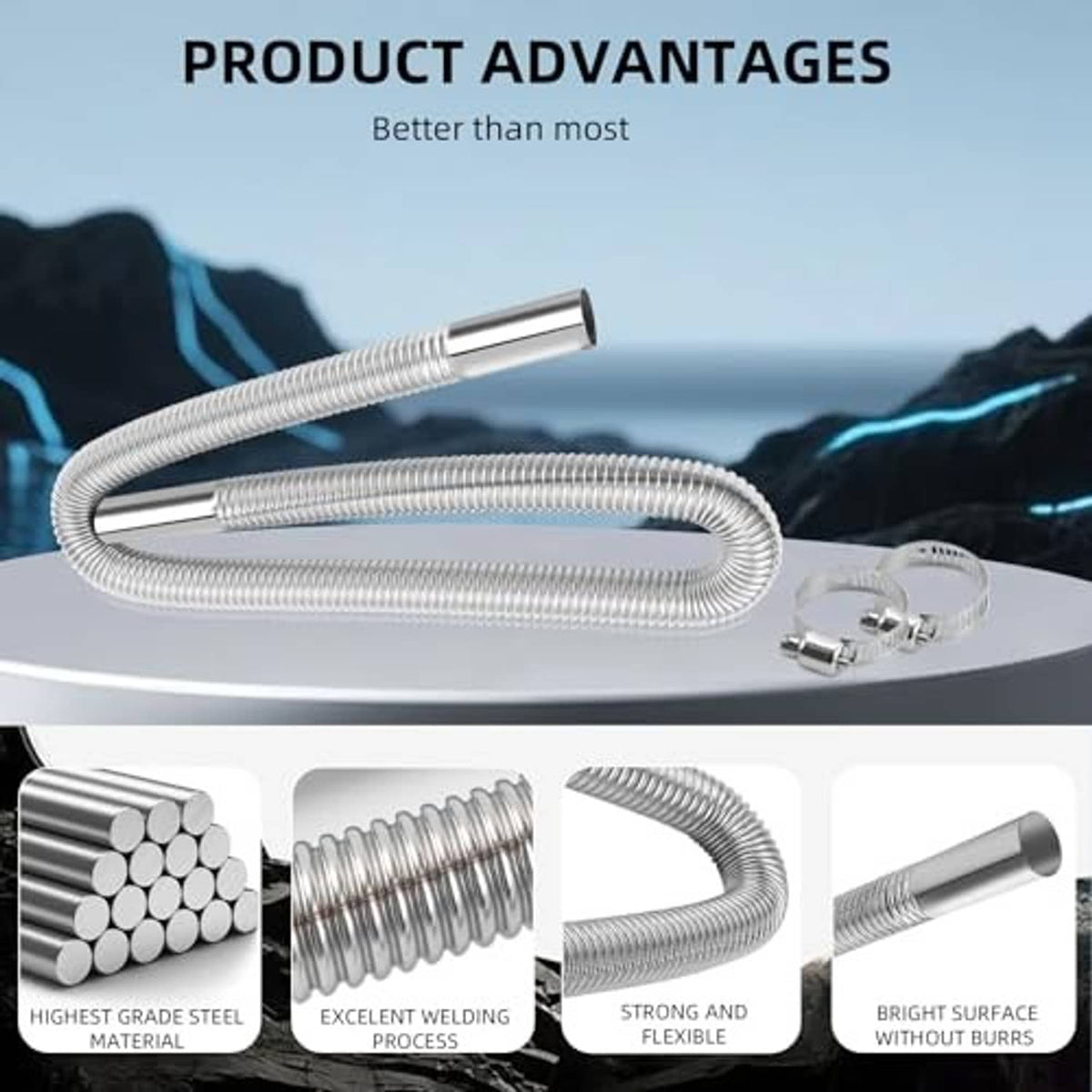 Flexible corrugated stainless steel exhaust hose with two metal clamps