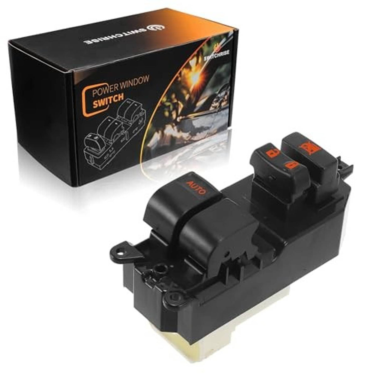 Black power window switch with AUTO button and lock/unlock controls, mounted module view