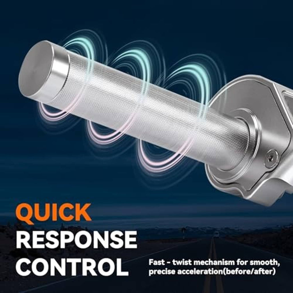 Silver quick response twist throttle with textured handle grip and metal housing