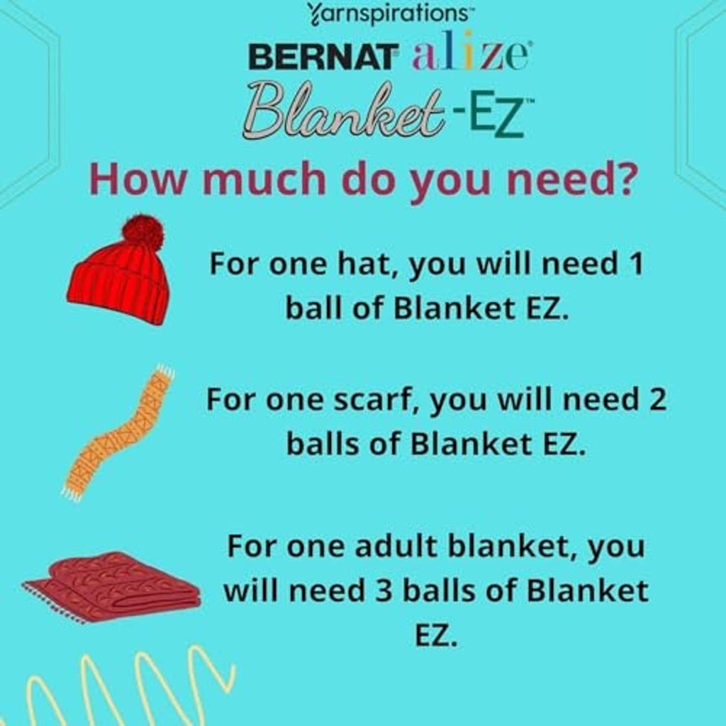 Bernat Alize Blanket-EZ instruction card with yarn ball icons for hat, scarf, and blanket