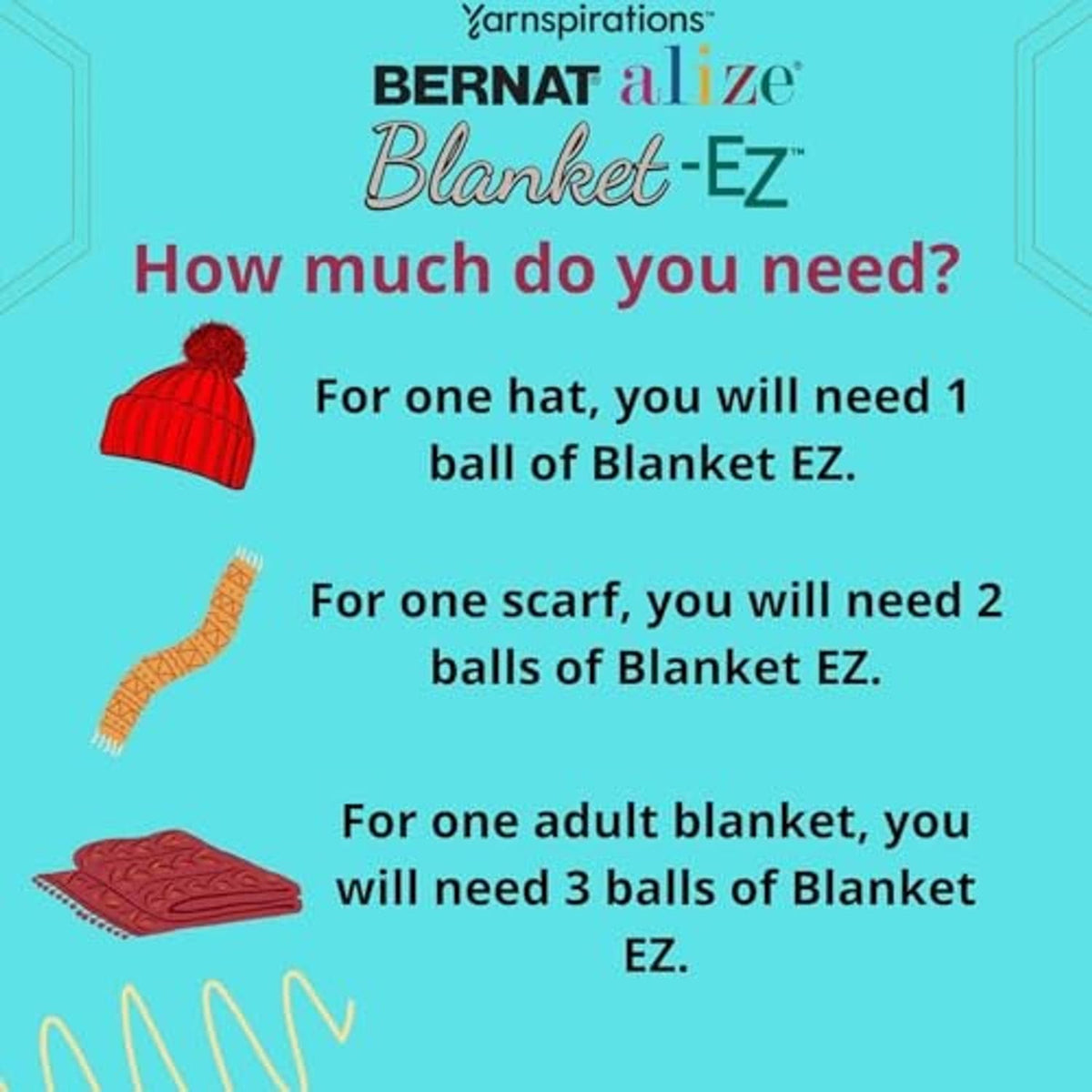 Bernat Alize Blanket-EZ instruction card with yarn ball icons for hat, scarf, and blanket