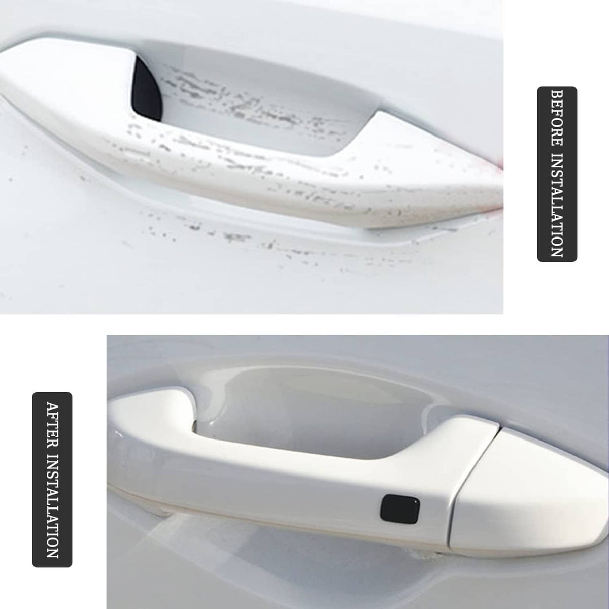 Transparent door handle protector installed on white handle, before-and-after view