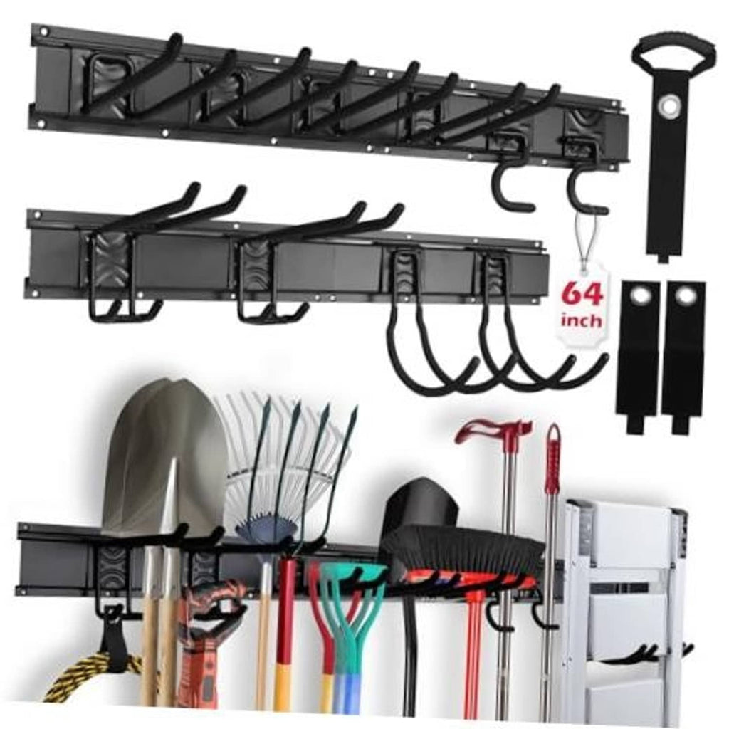 Black heavy-duty garage wall organizer rail with multiple rubber-coated hooks and hangers