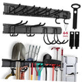 Black heavy-duty garage wall organizer rail with multiple rubber-coated hooks and hangers