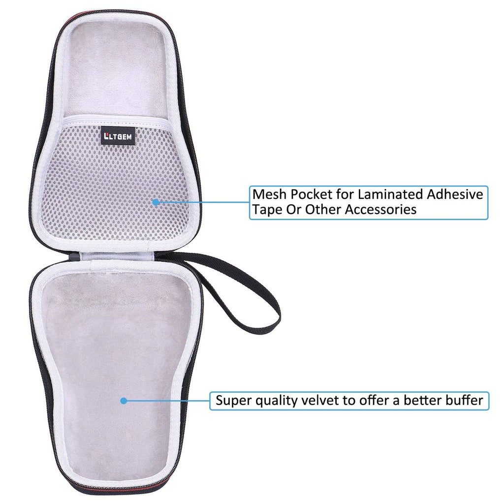 Open hard-shell case with mesh pocket and soft velvet lining for label printer