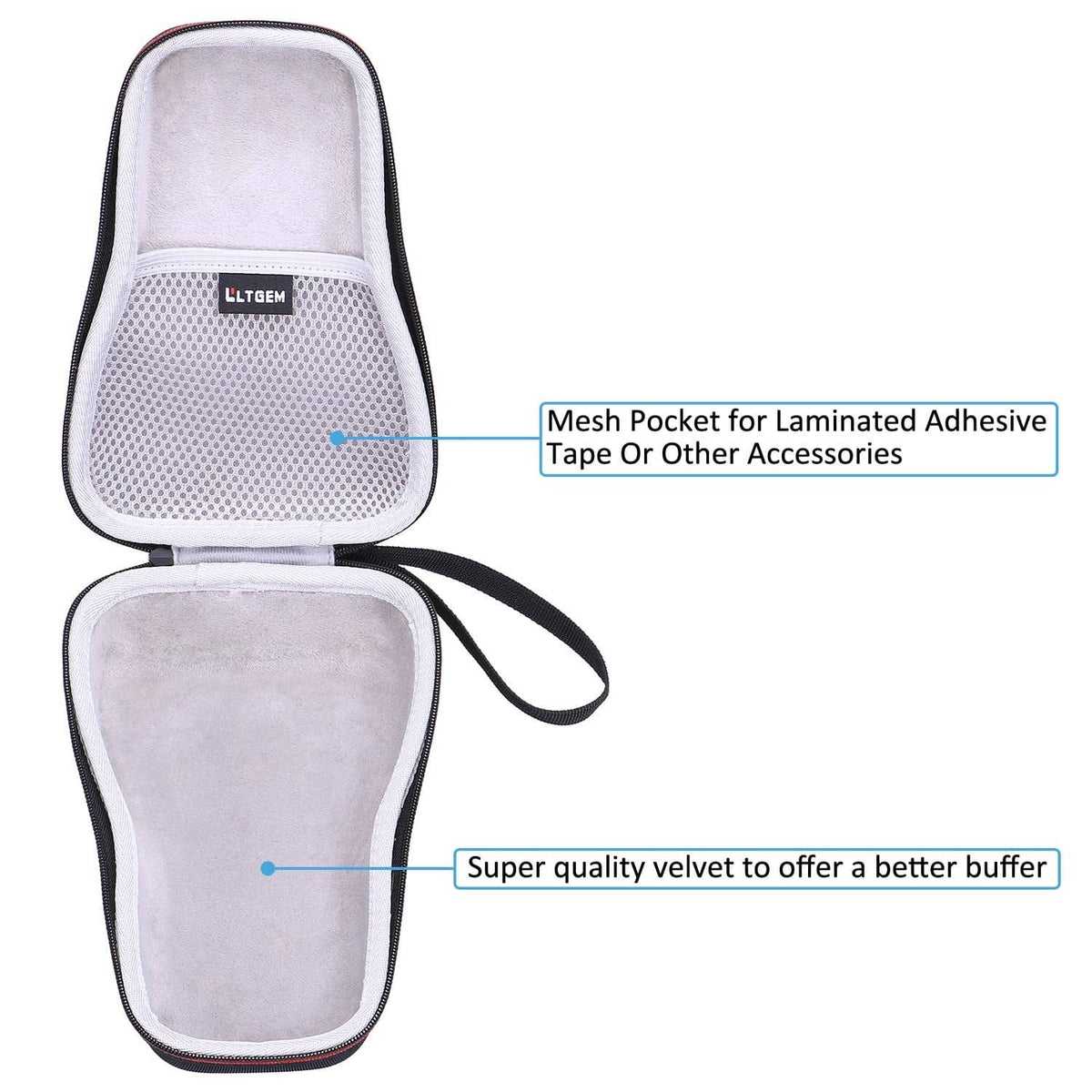 Open hard-shell case with mesh pocket and soft velvet lining for label printer