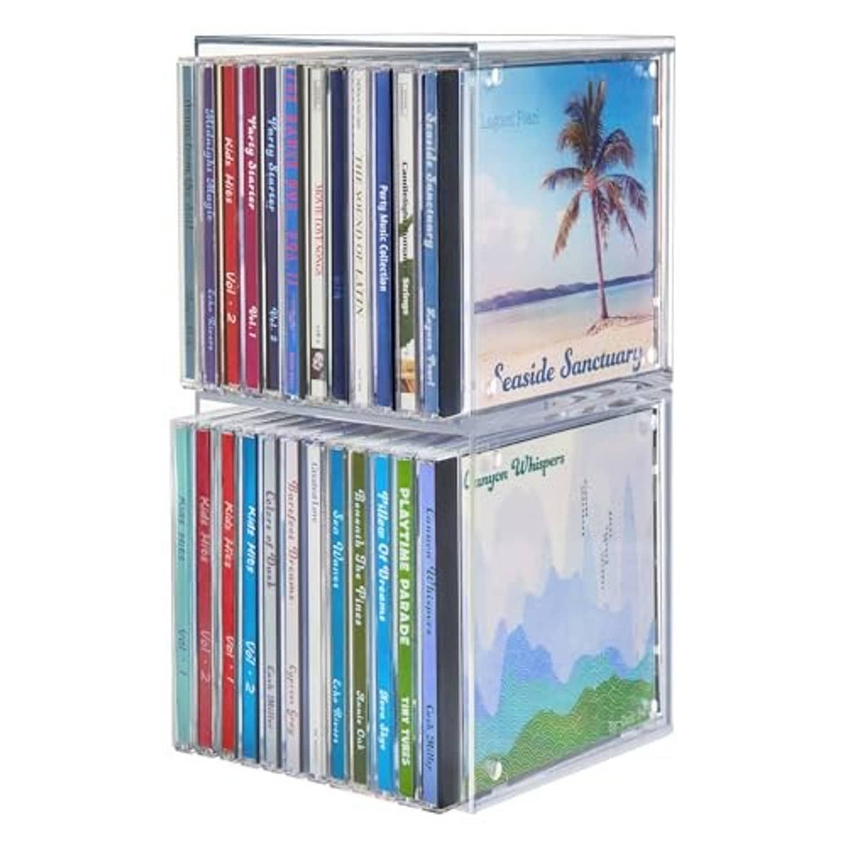 Clear plastic cube CD organizer showing two stacked jewel case compartments.